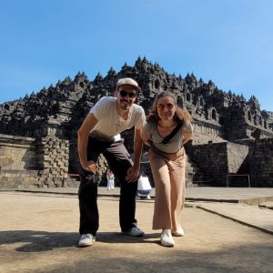 posing in front of borobudur